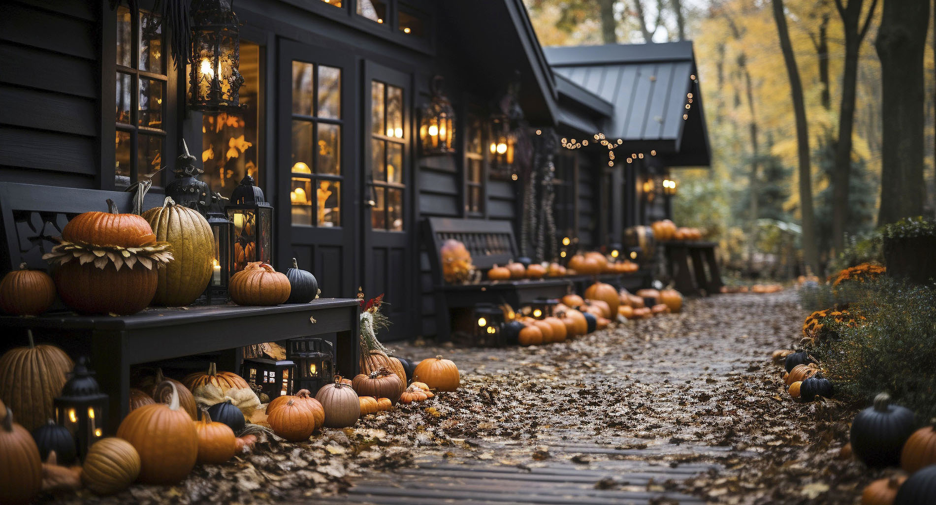 Fall and autumn beautifully decorated house porches with pumpkins