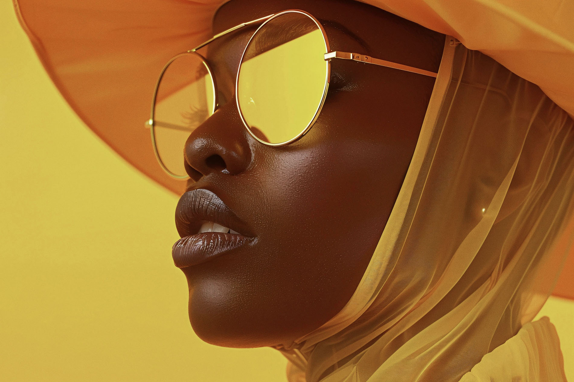 Close-up of a woman dressed in stylish yellow attire with glasses and hat, AI generated