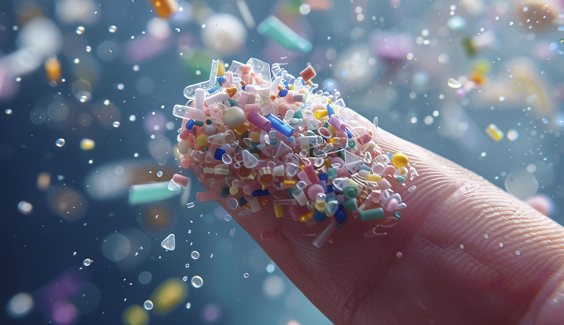 Close up of small micro plastic particles on finger in water. KI generiert, generiert, AI generated