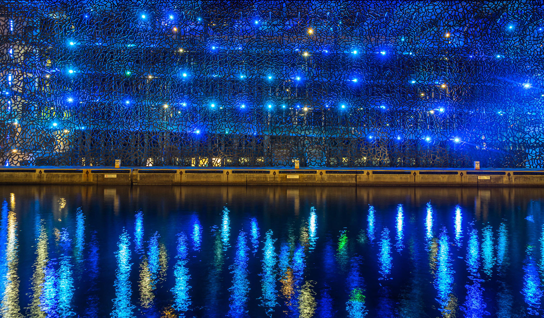 Scenic night illumination of MuCEM (Museum of European and Mediterranean Civilizations). Marseille, France, January 2020