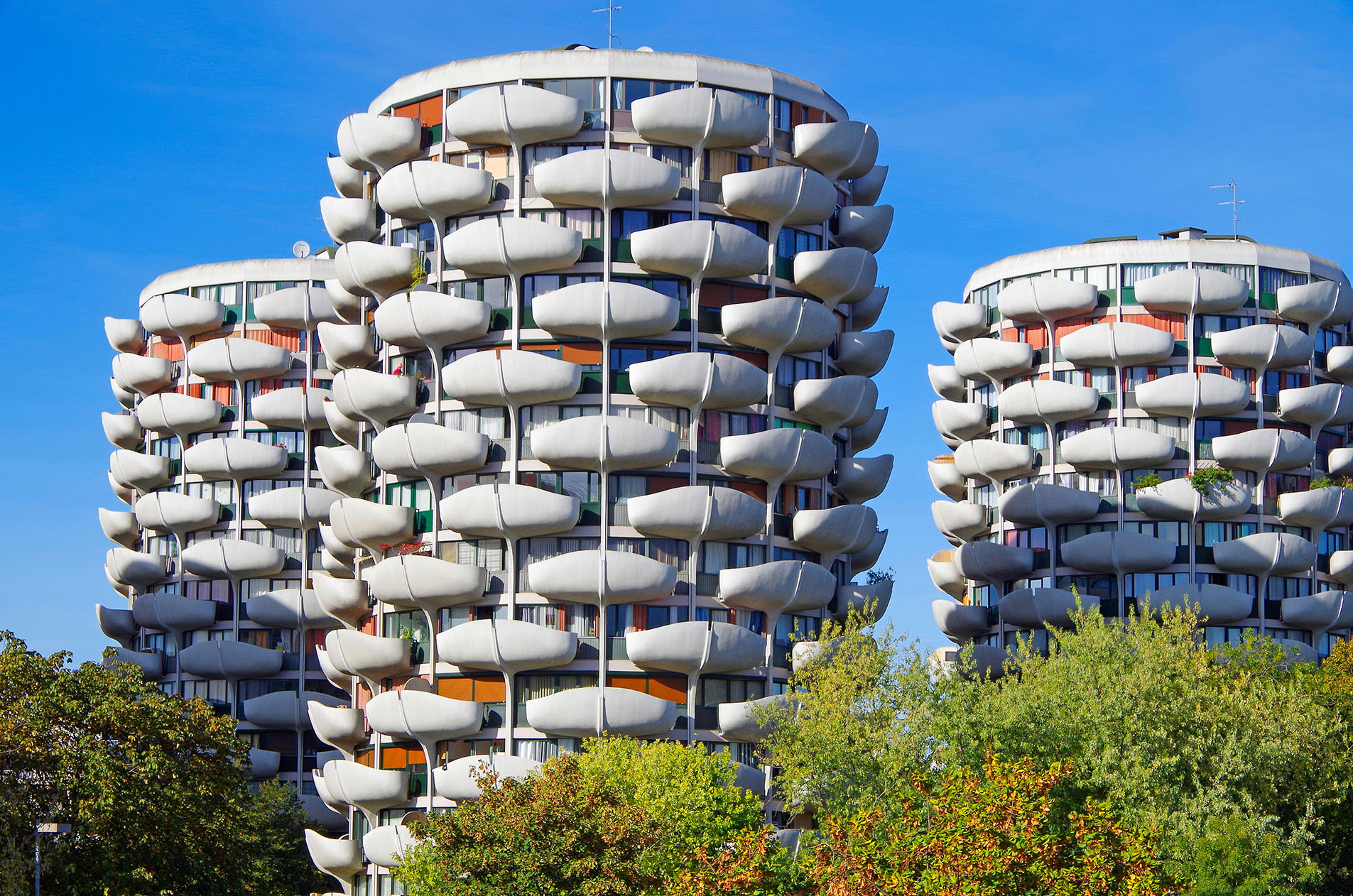 Les Choux de Creteil, a mostly high-rise housing estate in suburban Paris, with curved concrete balconies which create private open air spaces