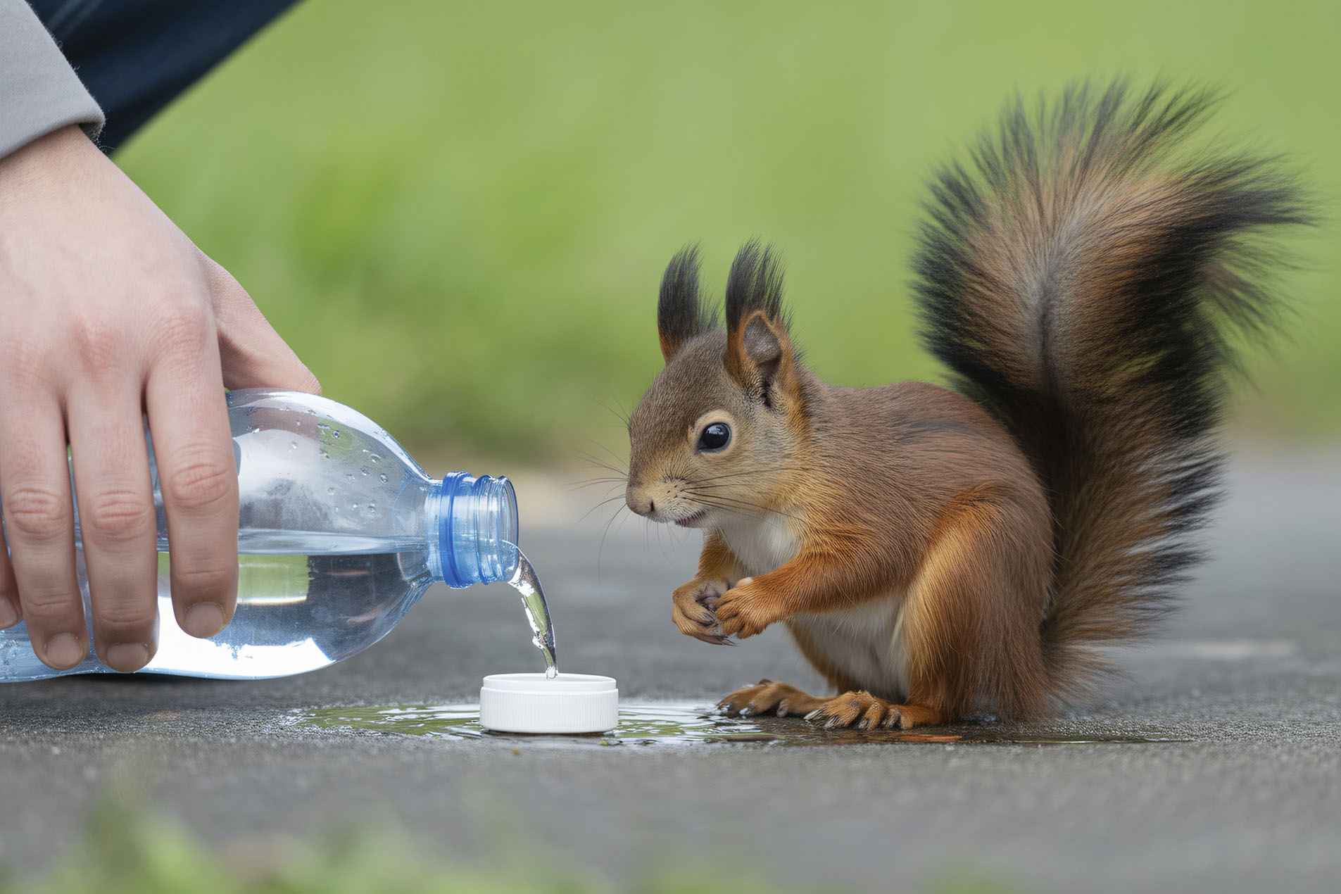 Human hand pouring water from a plastic bottle into a bottle cap for a thirsty red squirrel during summer heatwave. Generative ai, AI generated