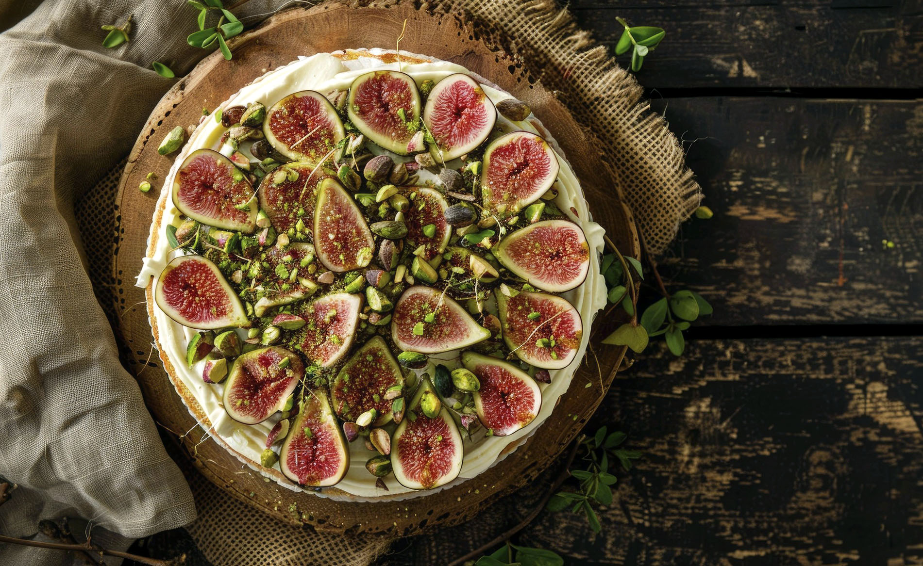 Fig and pistachio cake with cream cheese frosting on a natural burlap cloth AI generated