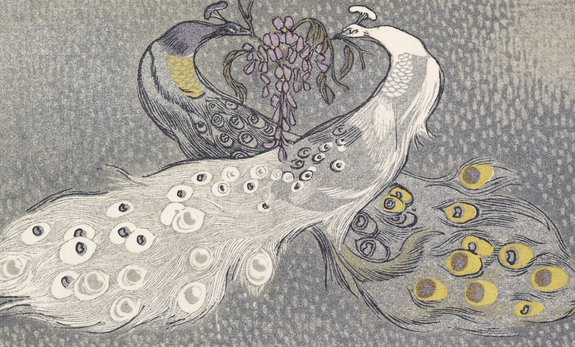 Two peacocks, scene from "The Jungle Book", 1919. From a French translation of "The Jungle Book" by Rudyard Kipling.