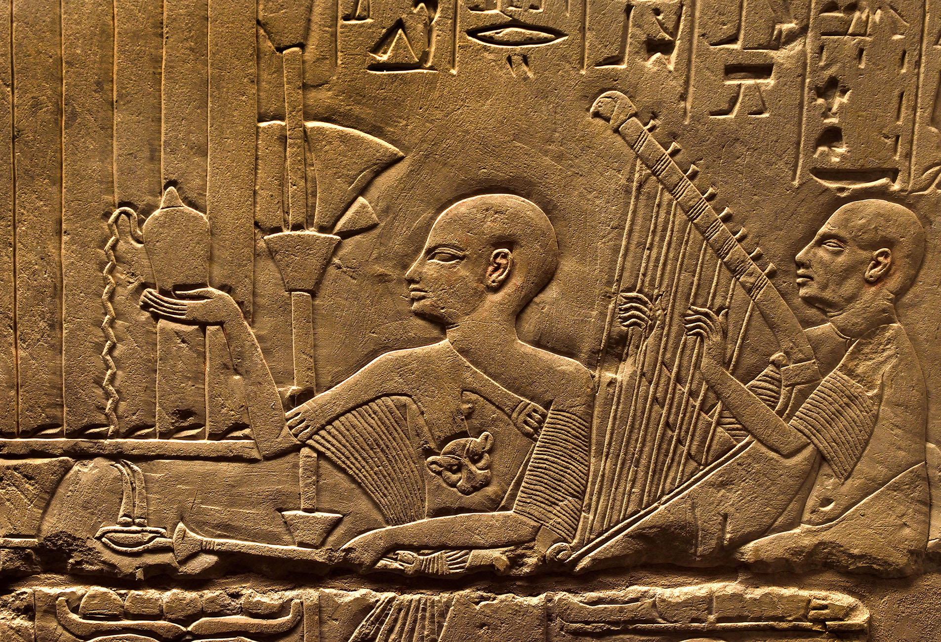 Harp player, tomb of Paätenemheb - Paätonemheb. Limestone Dimensions: 320 x 286 cm, 500kg  Period: New Empire; 18th Dynasty; Horemheb ( 1549/1550 to 1292 BC.) Egypt, Egyptian. ( Relief featuring blind...