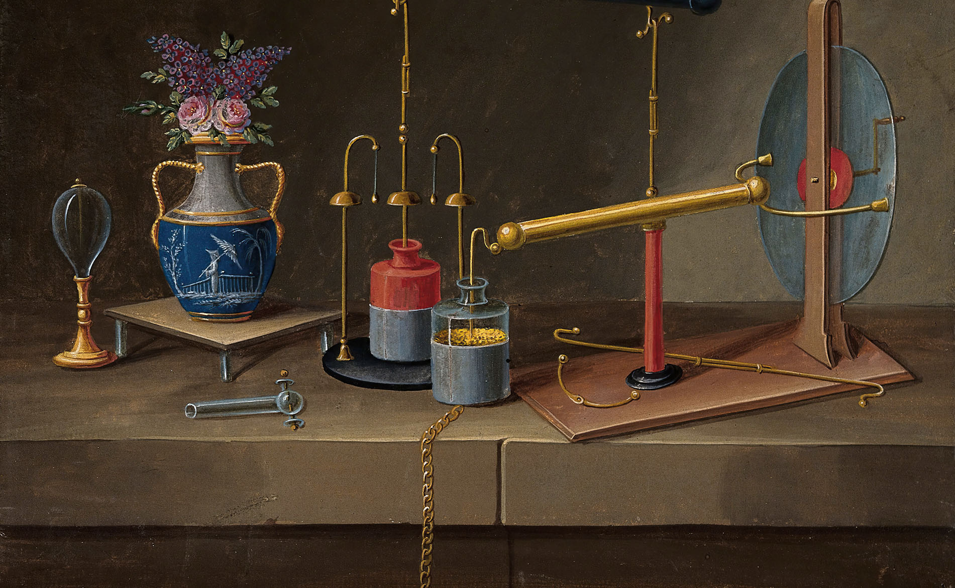Electricity: condenser jars, an electro-static generator, and a vase with flowers, (18--?). Creator: Paul Lelong.