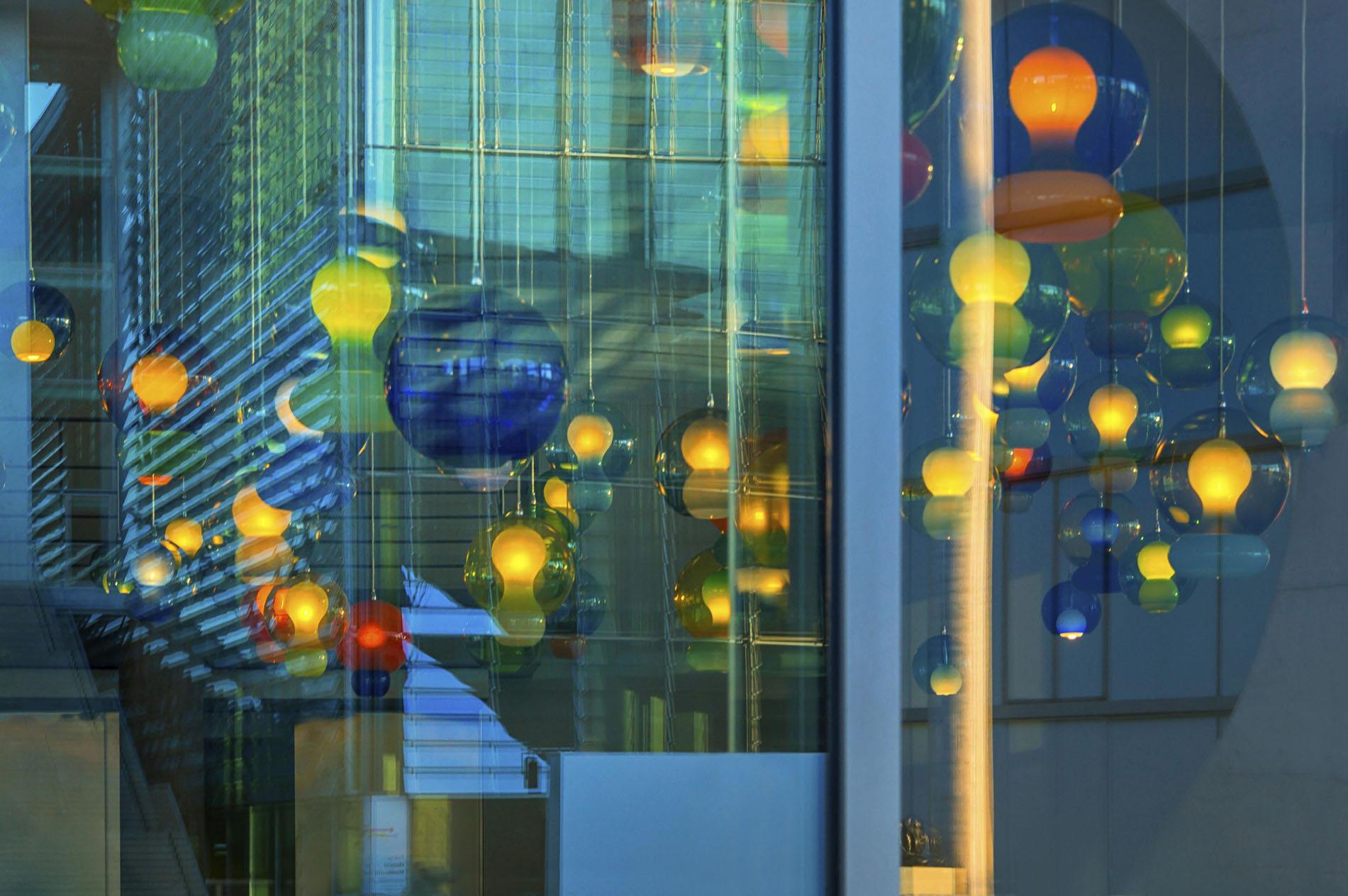 Artistic lamp installation with window reflection of the Marie-Elisabeth-Lüders House, art, abstract, government district, Berlin