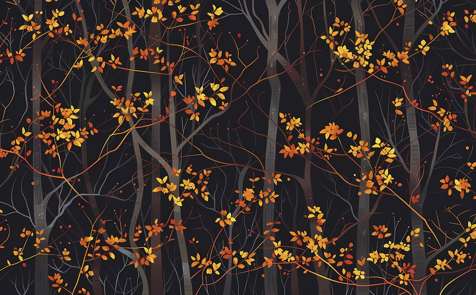 Trees with autumn leaves on a dark background, illustrating the colorful beauty of fall, illustration, AI generated