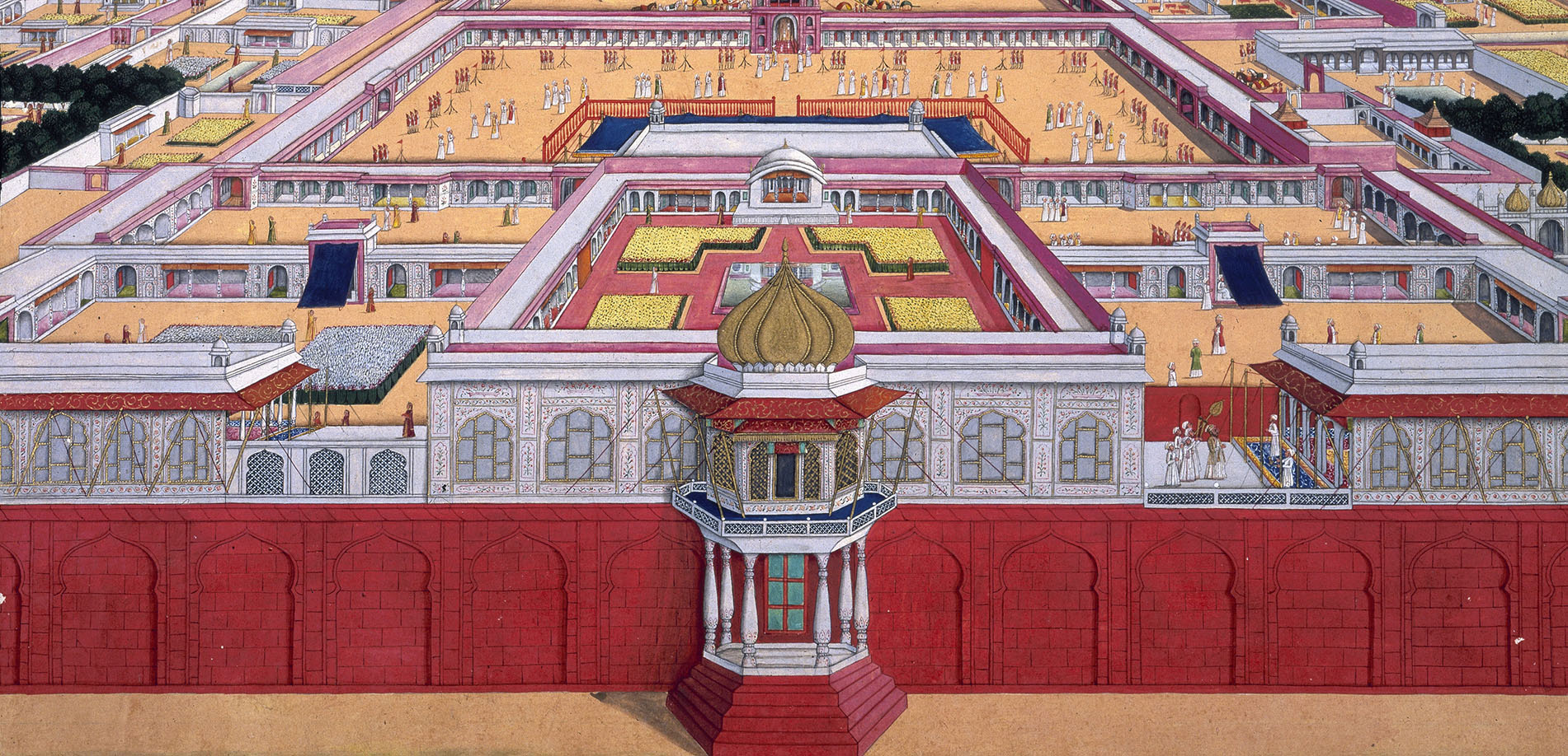 A bird's-eye view of the Red Fort at Delhi from the east, India, c1780-c1790. The Red Fort at Delhi, India, showing an emperor, probably Shah Alam II, entering the Diwan-i-Khas (private audience hall)...