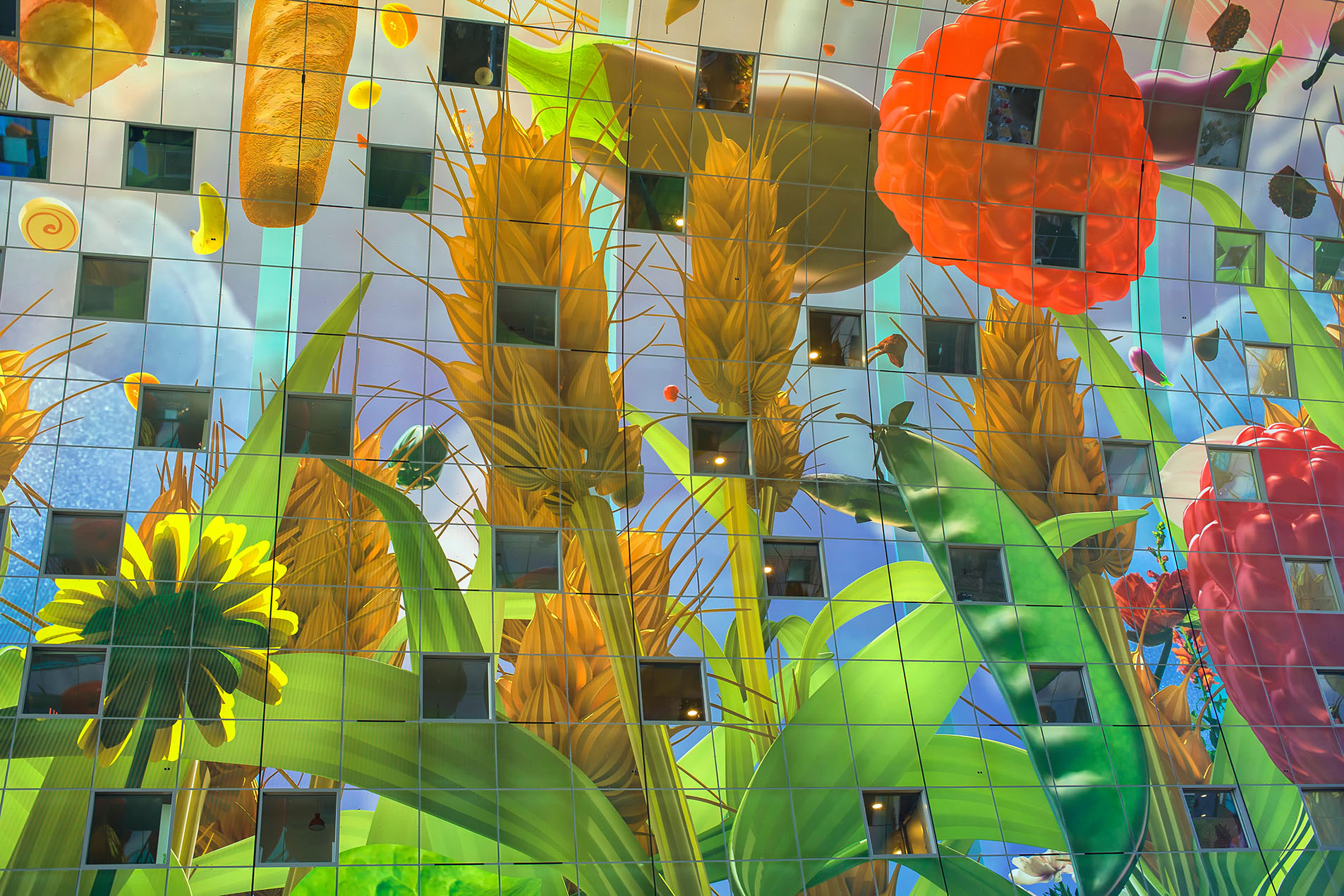 View on the image of cornucopia on the ceiling of the new artistic market hall in Rotterdam, Netherlands with windows in between