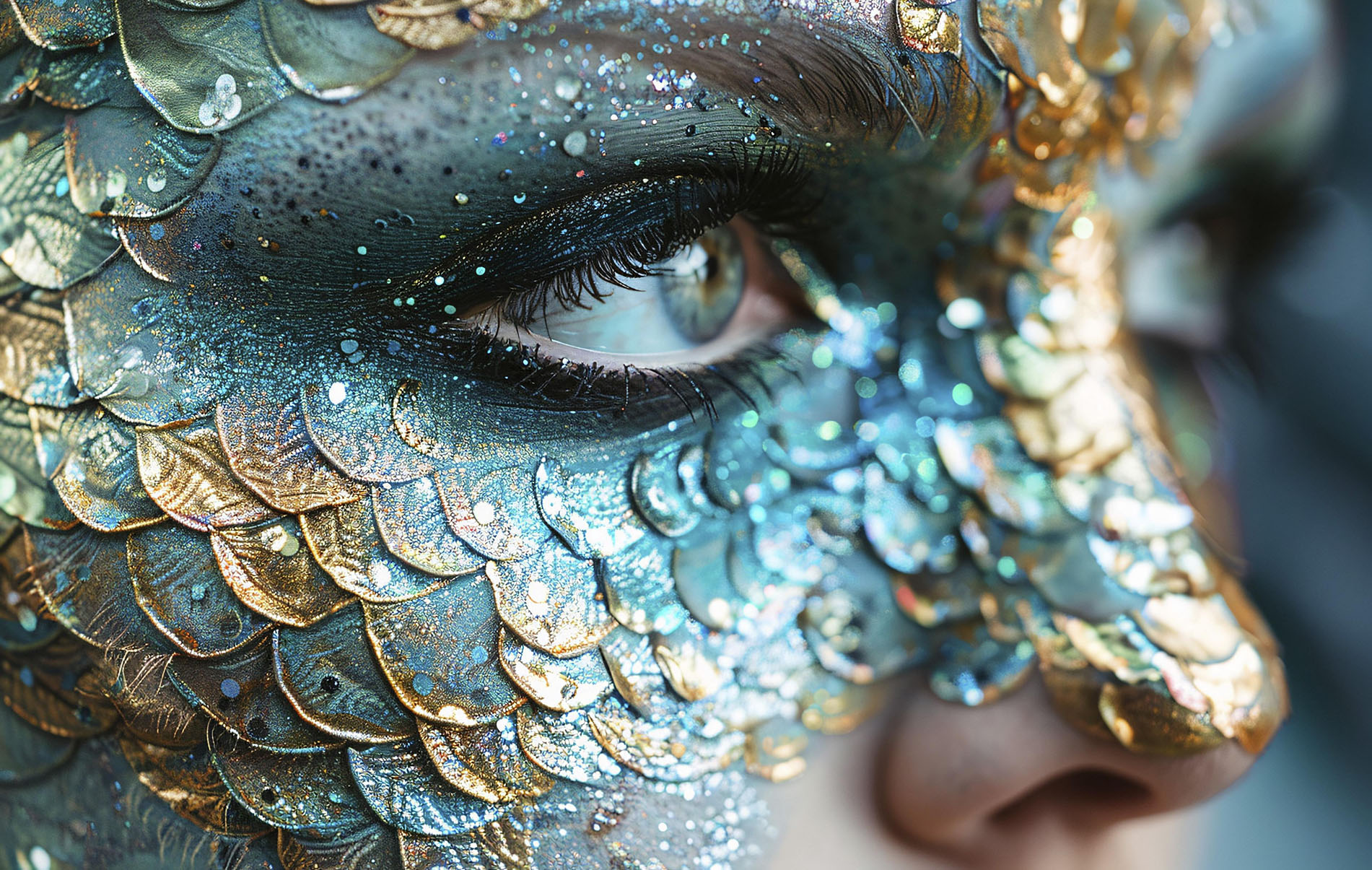 Woman's beautiful mermaid Halloween costume makeup with fish scales. Generative AI, AI generated
