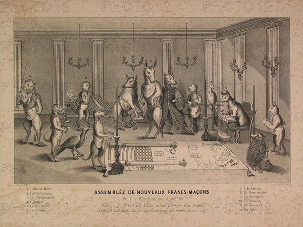 Meeting of new freemasons, satiric engraving with figures in the form of animals