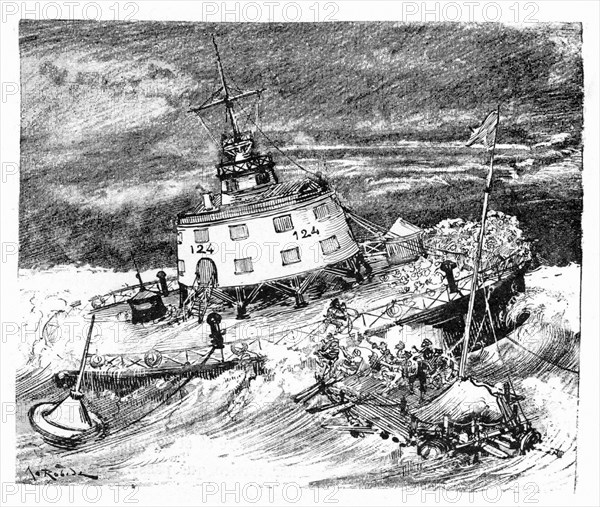 Secours aux naufragés. Les îles factices. Illustration de Robida