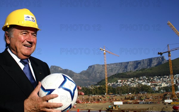 FIFA President Sepp Blatter at the construction site of the Greenpoint stadium which will host a World Cup semi-final.