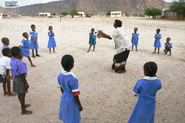 Pupils playing football in school yard