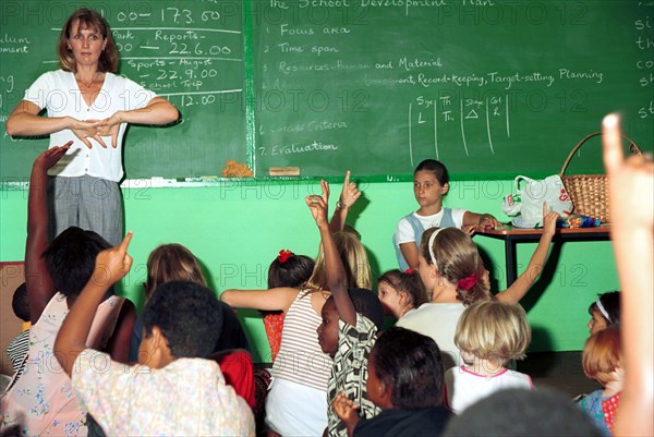 Pietermaritzburg KwaZulu Natal South Africa 1/2000 

teaching, teacher, children listening, learning learners, kids, sunday school, christians, multiracial, blacks and whites, classroom