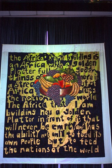 Prophetic banner at a Christian conference.  "The Africa I am building is an Africa with a golden platter full of good things.  There is a stream out of africa that will bless the nations of this world.  The Africa that i am building has a golden platter in front of it that will never be empty and has the ability, not only to feed its own people, but to feed the nations of the world.
Bloemfontein, Freestate, South Africa
fruit bowl, art, artists, banners