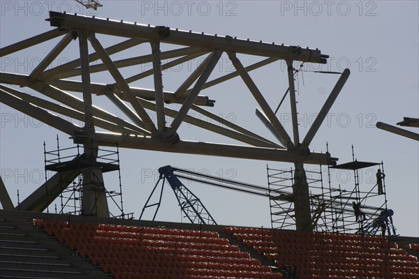 Imported roof positioned.  Soccer City stadium which will host the World Cup final is steadily taking shape. Near Soweto in Johannesburg, South Africa