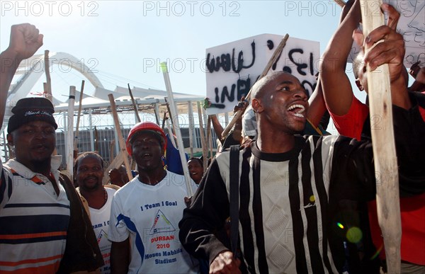 Strike of workers on the building site of the Durban Stadium in South Africa