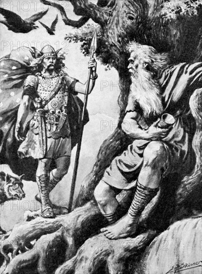 Odin cherchant la sagesse et ses deux corbeaux Huggin et Muninn