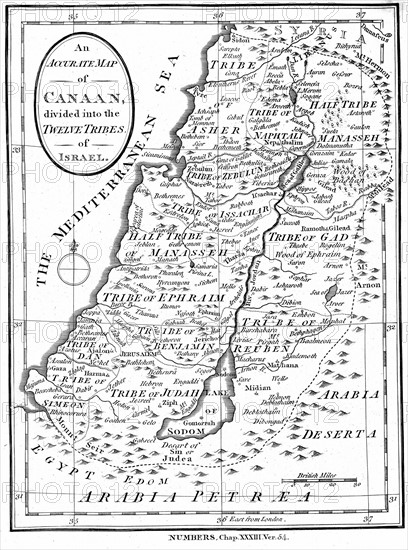 Map of Canaan divided into the territories of the Twelve Tribes of Israel