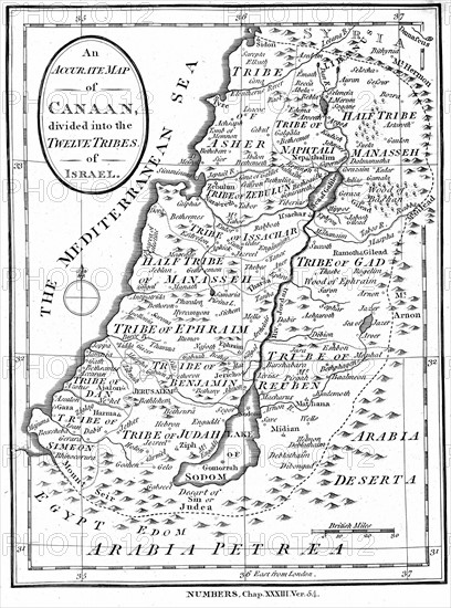 Gravure représentant la carte du pays de Canaan divisée selon les Douze Tribus d'Israël, publiée vers 1830