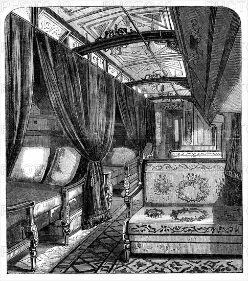 Engraving showing a Pullman spleeping car on the Union Pacific Railroad, published c. 1869