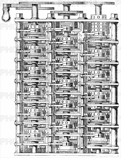 Gravure représentant la "Machine à différences" de Babbage