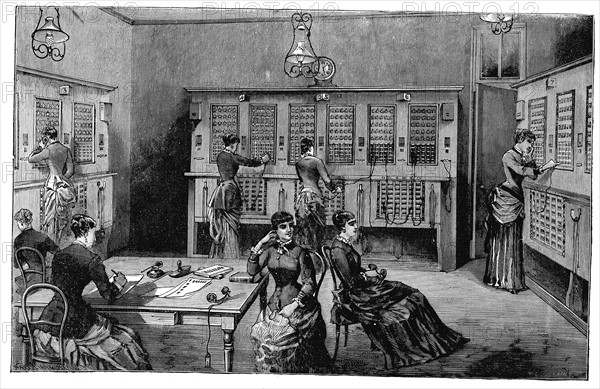 Engraving showing the Central Telephone Exchange, rue de Lafayette, Paris published in 1883