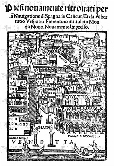 Woodcut showing title page of Vespucci "Voyages", 1521