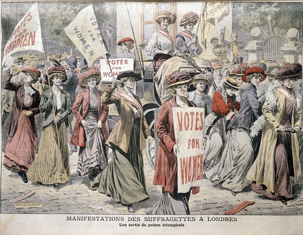 English suffragettes Edith New and Mary Leigh being carried triumphantly through London streets