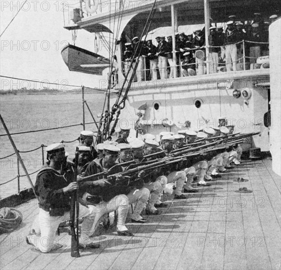 Japanese marines drilling on board the warship 'Mikasa'