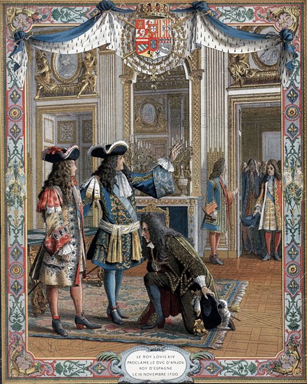 Chromolithograph showing Louis XIV proclaiming duc d'Anjou, his grandson, king of Spain