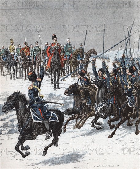 Guerre russo-japonaise 1904-1905, le Tsar Nicolas II passe les troupes cosaques en revue