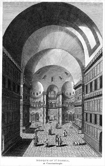 Gravure représentant l'intérieur de l'église Sainte Sophie à Constantinople agrandie en cathédrale en 537. Utilisée ici comme une mosquée