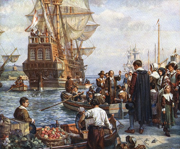 The Pilgrim Fathers boarding the 'Mayflower' for their voyage to America.