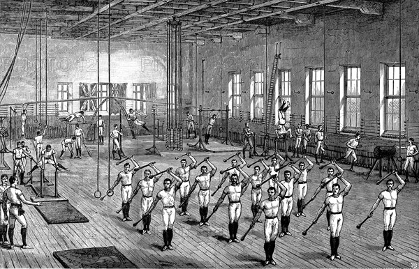 Engraving showing the Young Men's Christian Association exercising in a gymnasium