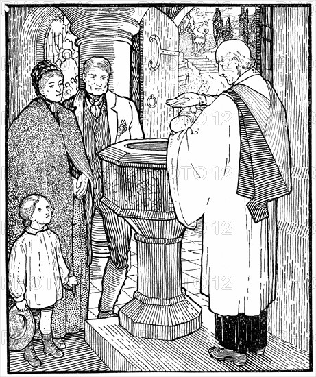 Gravure représentant une famille d'artisans baptisant leur enfant, 1904