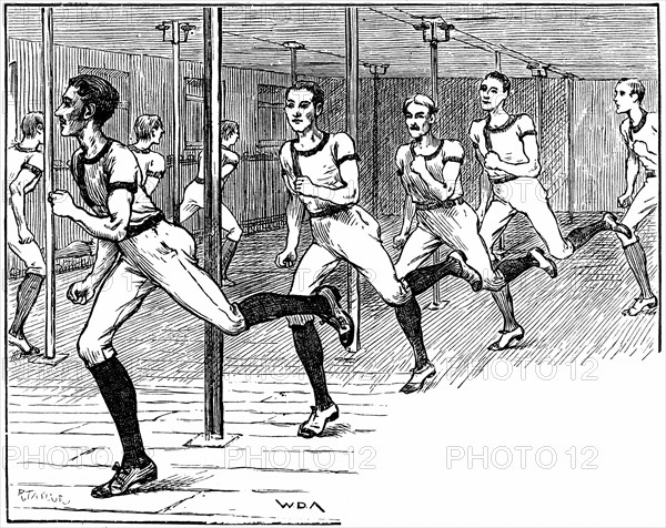 Engraving showing the Young Men's Christian Association exercising in a gymnasium