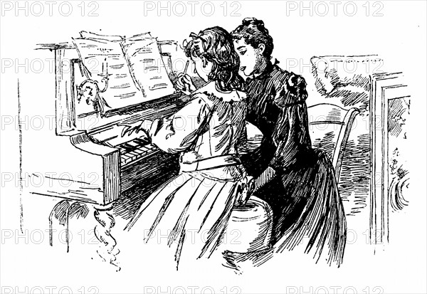Engraving showing a young girl being given a piano lesson