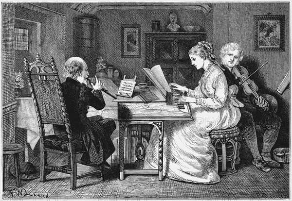 Gravure représentant une femme et deux hommes jouant de la musique