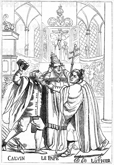 Calvin, Luther et le Pape en train de se battre