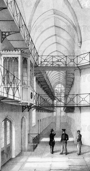 Lithograph showing the Reading Gaol, Berkshire, England