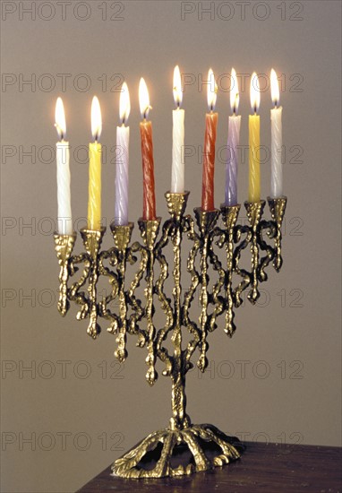 Nine-branched candelabra used in Judaism at Hannukkah