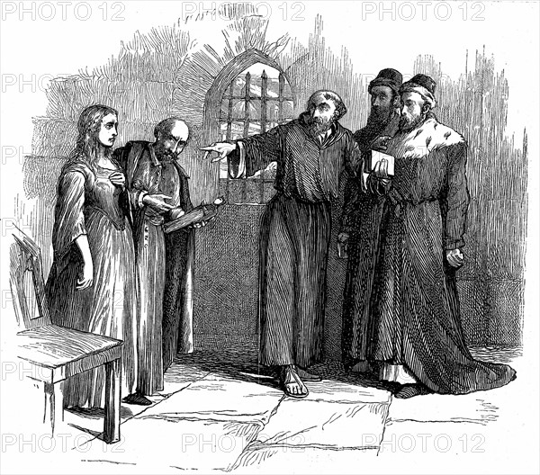 Gravure représentant Lucrèce Castellani accusée d'hérésie devant l'Inquisition à Turin avoir assisté à un service religieux vaudois interdit