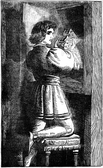 Engraving showing Waldensian youth hiding his vernacular Bible