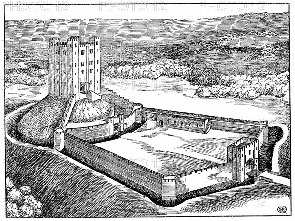 Engraving showing the scheme of a Norman castle based on Castle Hedingham