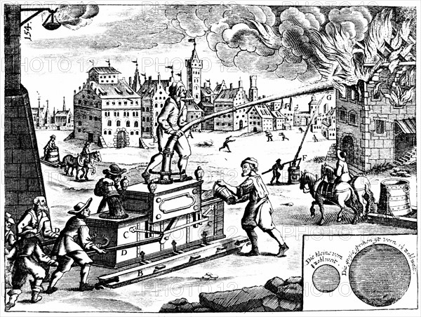 Engraving showing the fire engine from Georg Andreas Bockler