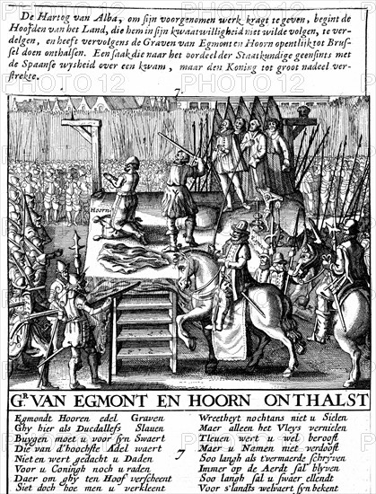 Decapitation des comtes d'Egmont et de Hoorne a Bruxelles au cours de la tyrannie des espagnols aux Pays-Bas.