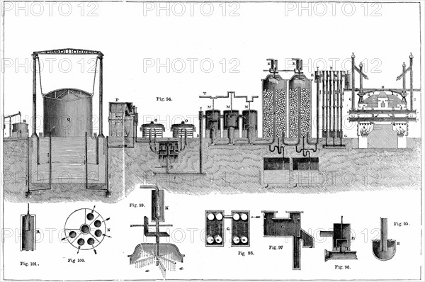 L'usine a gaz de Liverpool
Coupe des differentes machines de l'usine qui produisent, selon Muspratt "le gaz le plus pur de tout le royaume"